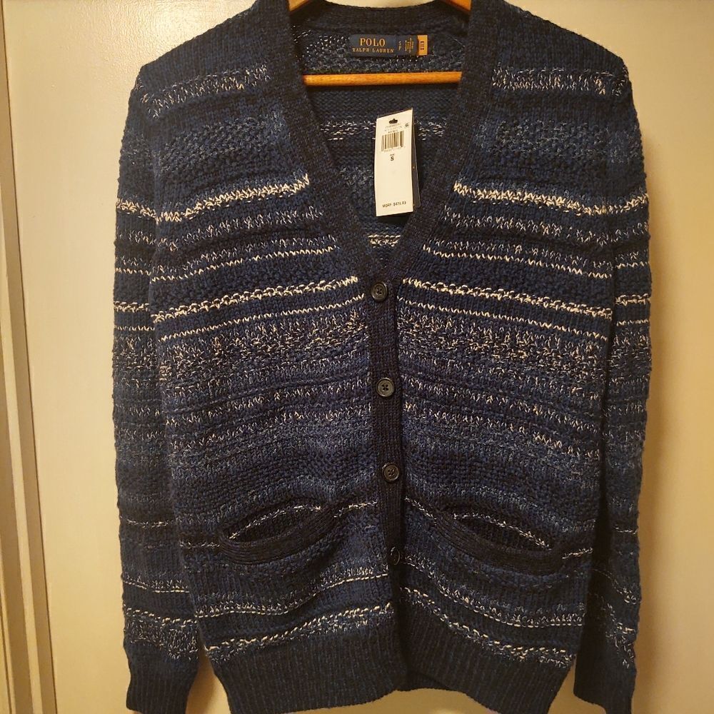 Polo Ralph Lauren Women's Striped V-Neck Cardigan Blue White Size S